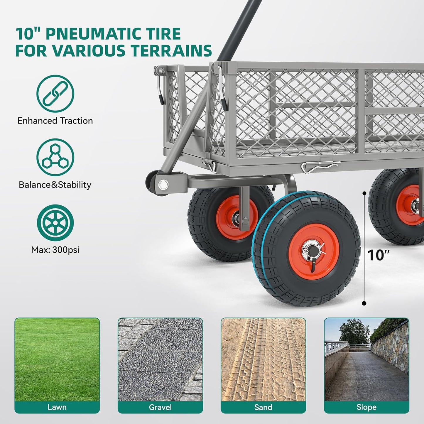 Heavy Duty 900 lbs Capacity Mesh Steel Garden Cart - 10" Pneumatic Tires, 180° Rotating Handle, Removable Sides, 4 CU'FT Utility Wagon for Yard & Garden Christmas Hauling