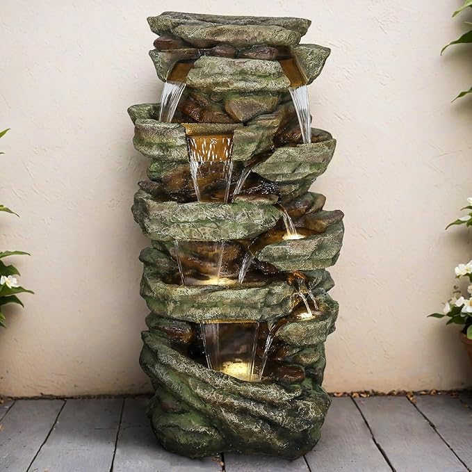 SunJet 59" High Multi-Tiers Cascading Rock Outdoor Water Fountain with LED Lights - Large Outdoor Fountains and Waterfalls for Garden or Patio, Yard, and Deck Decor, Featuring Natural Stone Look