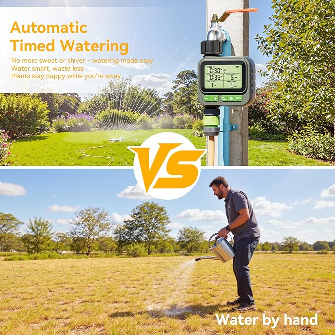 Sprinkler Timer, Programmable Water Timer for Garden Hose, Outdoor Hose Faucet Timed with 4 Plans/Rain Delay/Automatic Watering System, Digital Irrigation for Yard, Lawn, 1 Outlet with 2-Way Splitter