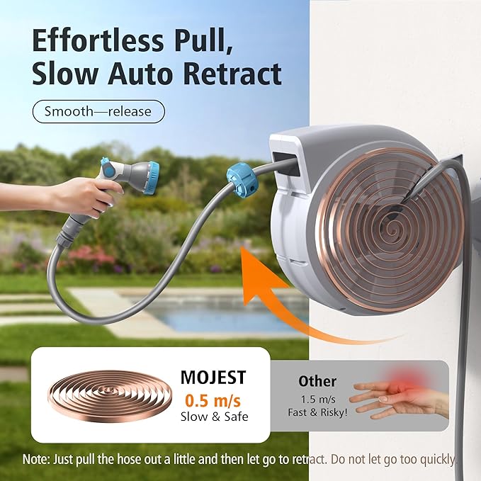 Retractable Garden Hose Reel - 1/2 in x 100 ft Wall Mounted Heavy Duty Water Hose Reel with Automatic Slow Rewind System, 180°Swivel Bracket, 2 Hose Nozzle, Light Gray
