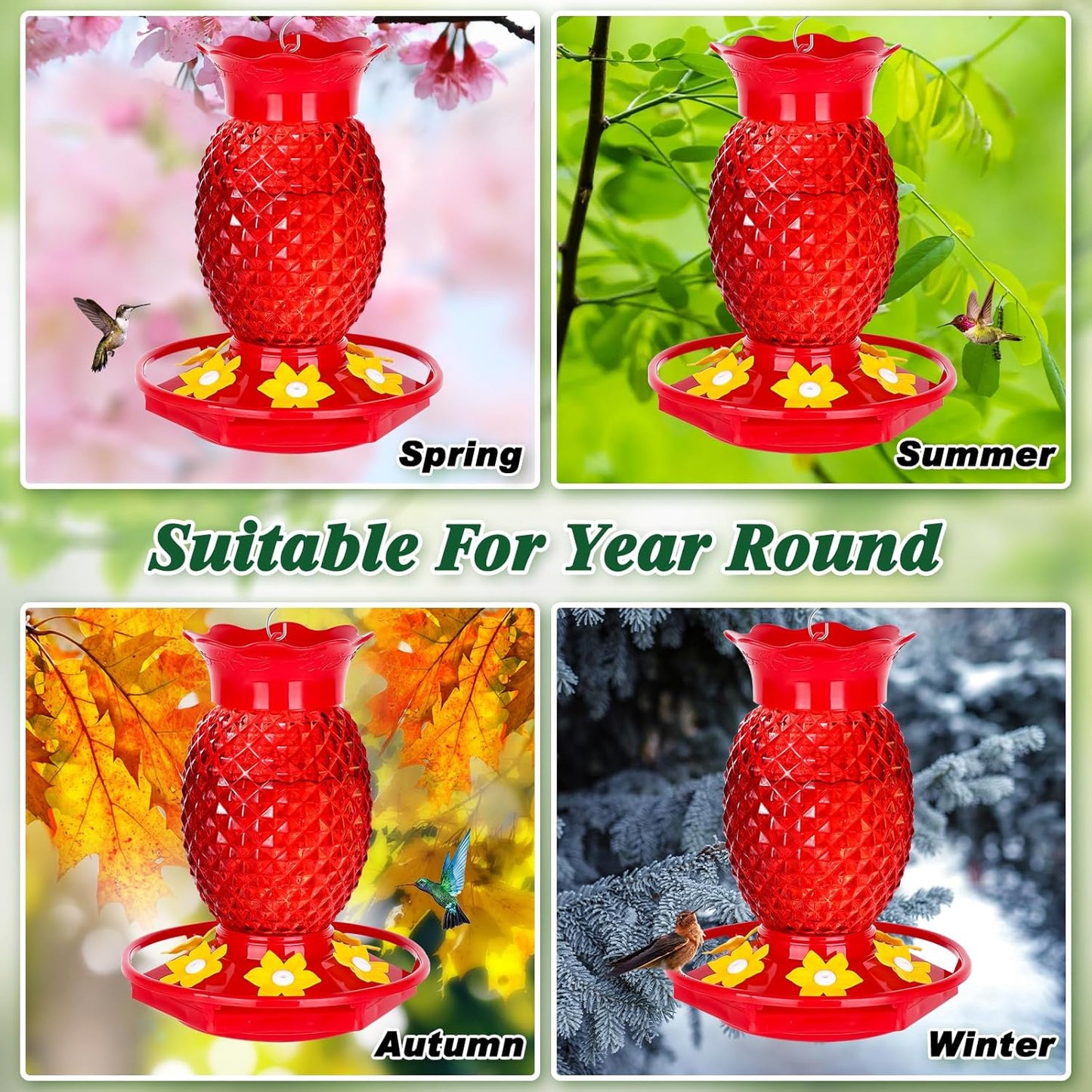 Glass Hummingbird Feeders for Outdoors Hanging Ant and Bee Proof 16OZ 2 Pack Red Pineapple Humming Bird Feeder with 6 Feeding Ports and Ant Moat Hummingbird Gifts for Women Garden Decor