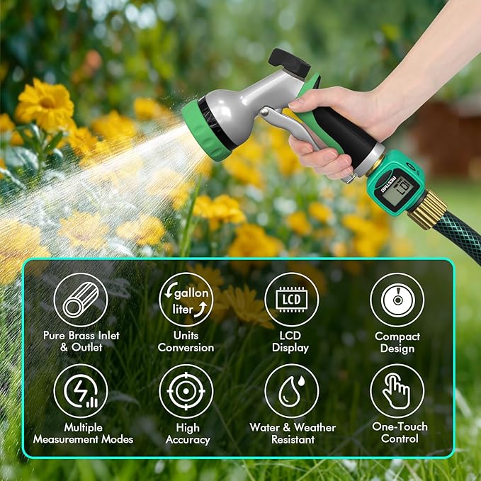 RESTMO Water Flow Meter with Brass Inlet & Outlet, Measure Gallon/Liter Consumption and Flow Rate for Outdoor Garden Hose Watering, RV Water Tank Filling, Lawn Sprinkler and Nozzle Sprayer