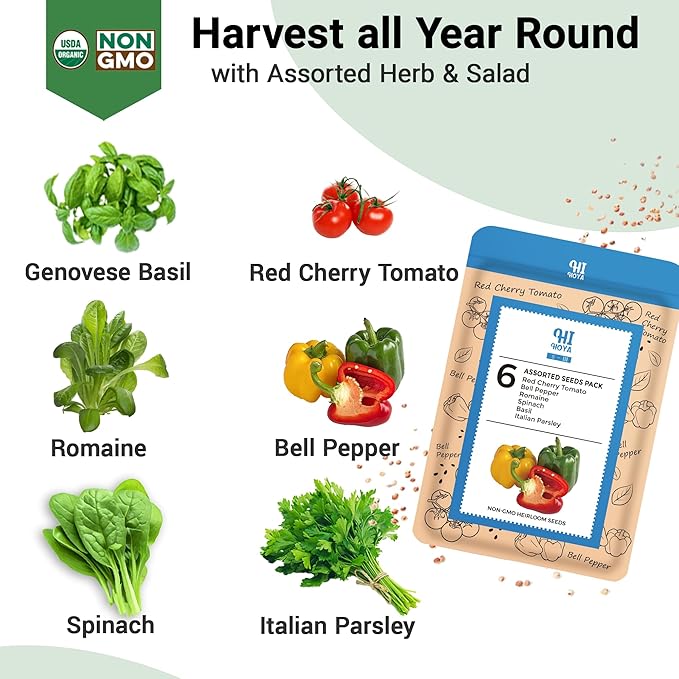 Herb & Salad Seed Pods for All Hydroponics Growing Systems, 8 Pods with 600+ Seeds of Basil, Spinach, Romaine, Red Cherry Tomato, Italian Parsley and Bell Pepper