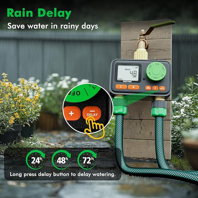 RESTMO RF Remote Controlled Sprinkler Timer with Brass Inlet & Outlet, Water Timer for Garden Hose, Automatic/Manual/Rain Delay for Outdoor Faucet, Drip Irrigation and Lawn Watering, 2 Outlet