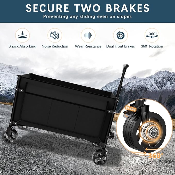 Favoyard Collapsible Wagon Carts Foldable 150L & 360LBS Folding Wagons w/All-Terrain Wheels & Brakes Portable Lightweight Utility Shopping Cart for Beach Grocery Sports Garden Camping Outdoor, Black