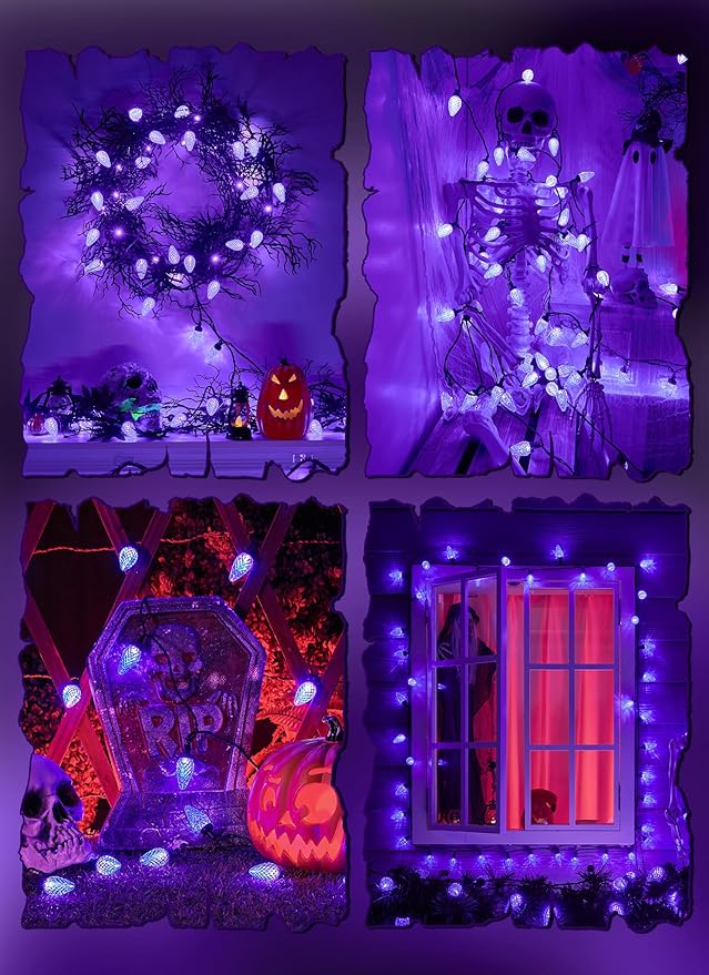 Brightown Halloween C9 LED Purple String Lights, 114FT 150 LED Halloween Lights with Timer & 8 Modes, Plug-in Waterproof Connectable Outdoor Lighting for House Patio Yard Porch Roof