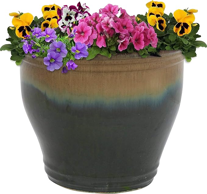 Sunnydaze Large Ceramic Plant Pot - Round Outdoor Glazed Ceramic Planter Pot with Drainage - Studio - Forest Lake Green - 14.5"