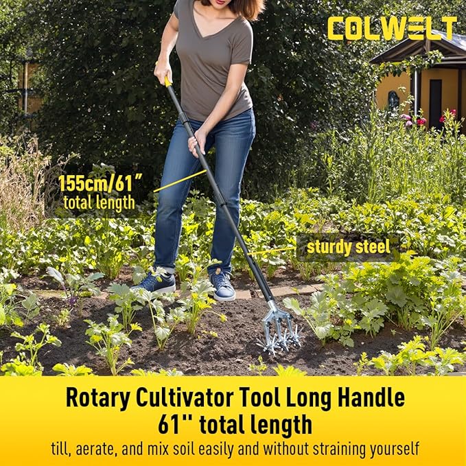 Colwelt Rotary Cultivator Garden Tool 61’’, Hand Tiller Garden Tool with Detachable Aluminum Tines, Cultivators for Gardening Soil or Reseeding Grass, Manual Cultivators & Tillers for Flowers Beds