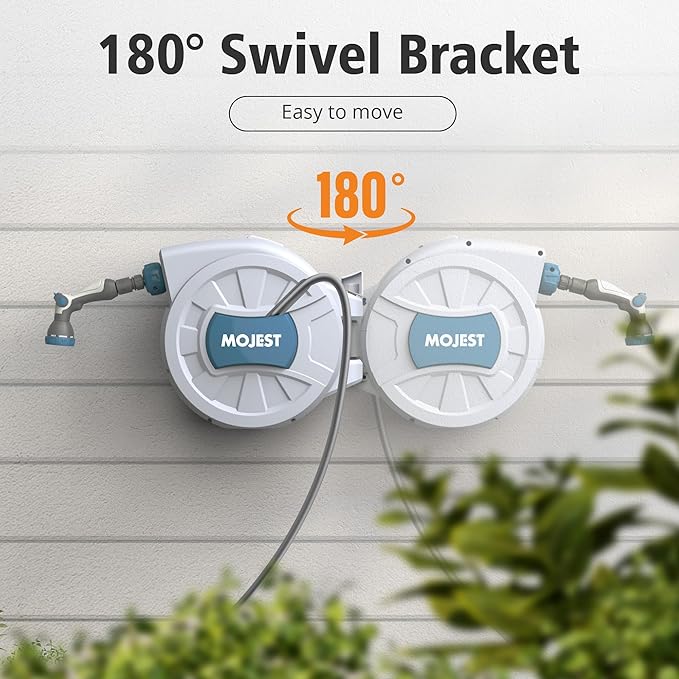 Retractable Garden Hose Reel - 1/2 in x 100 ft Wall Mounted Heavy Duty Water Hose Reel with Automatic Slow Rewind System, 180°Swivel Bracket, 2 Hose Nozzle, Light Gray