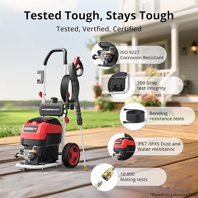 Electric Pressure Washer, 2800 PSI Max, 2.0 GPM, 8" Wheels, 5 Spray Tips and 1.5L Foam Tank, for Patio, Car, Driveway, Fence & Home Cleaning