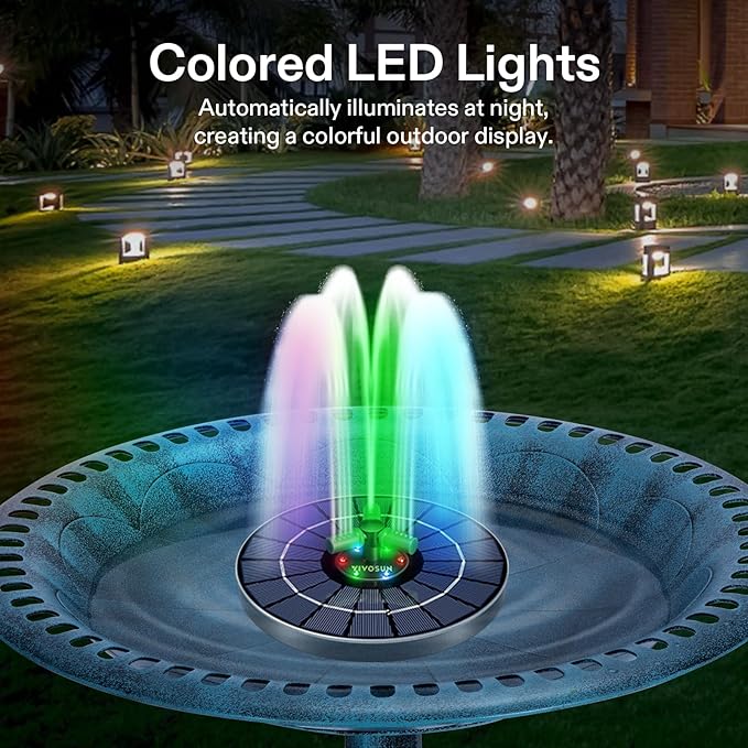 VIVOSUN Solar Fountain, 4W Solar Water Fountain with Upgraded Glass Panel, Built-in Battery, 7 Nozzles, Colored LED Lights, Outdoor Solar Fountain Pump for Bird Bath, Pond, Pool, Fish Tank, Garden