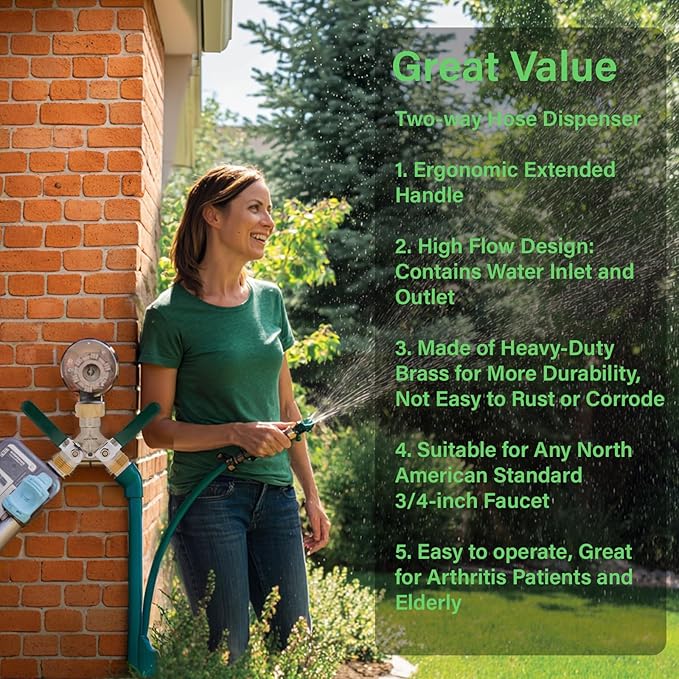 Brass Garden Hose Splitter 2 Way Heavy Duty Adapter, Y Splitter with Shutoff Valve Outdoor Faucet Splitter, 3/4 Inch GHT Thread Connection and Extended Handle Double Hose Bib Splitter