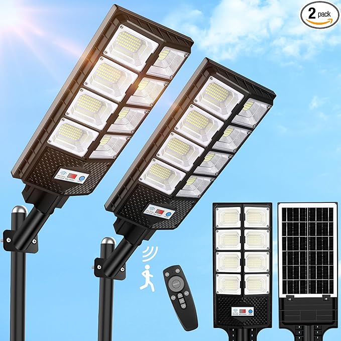 VUAA 2 Pack Solar Street Lights Outdoor Waterproof, 10000LM 448 LEDs Solar Parking Lot Lights Dusk to Dawn,Outdoor Flood Light with Motion Sensor and Remote Control for Area Lighting Yard, 6500K