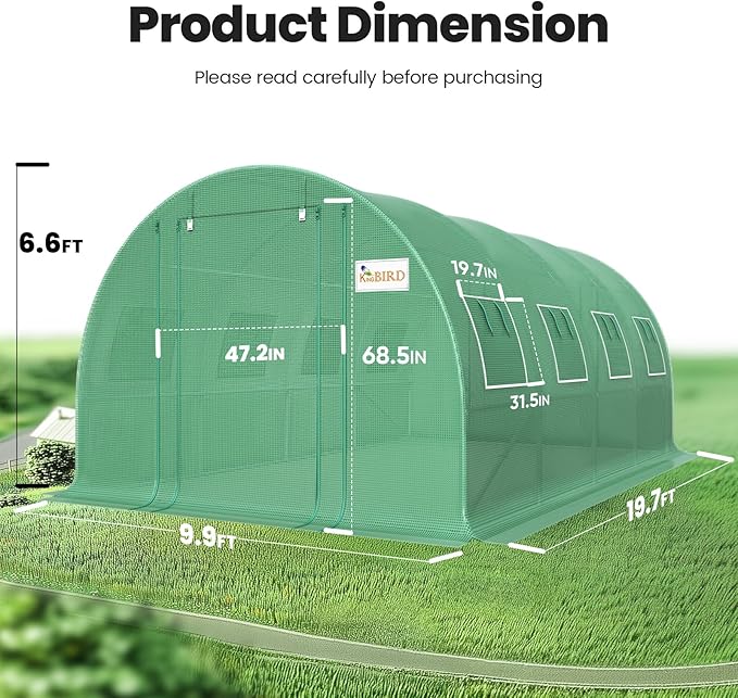 KING BIRD Premium 20x10x6.6FT Greenhouse for Outdoors, Large Walk-in Upgraded Galvanized Metal Frame, Mesh Door Screen Window Improved Zipper Tunnel Hoop for Garden Plant Winter, 2 Stiffeners, Green