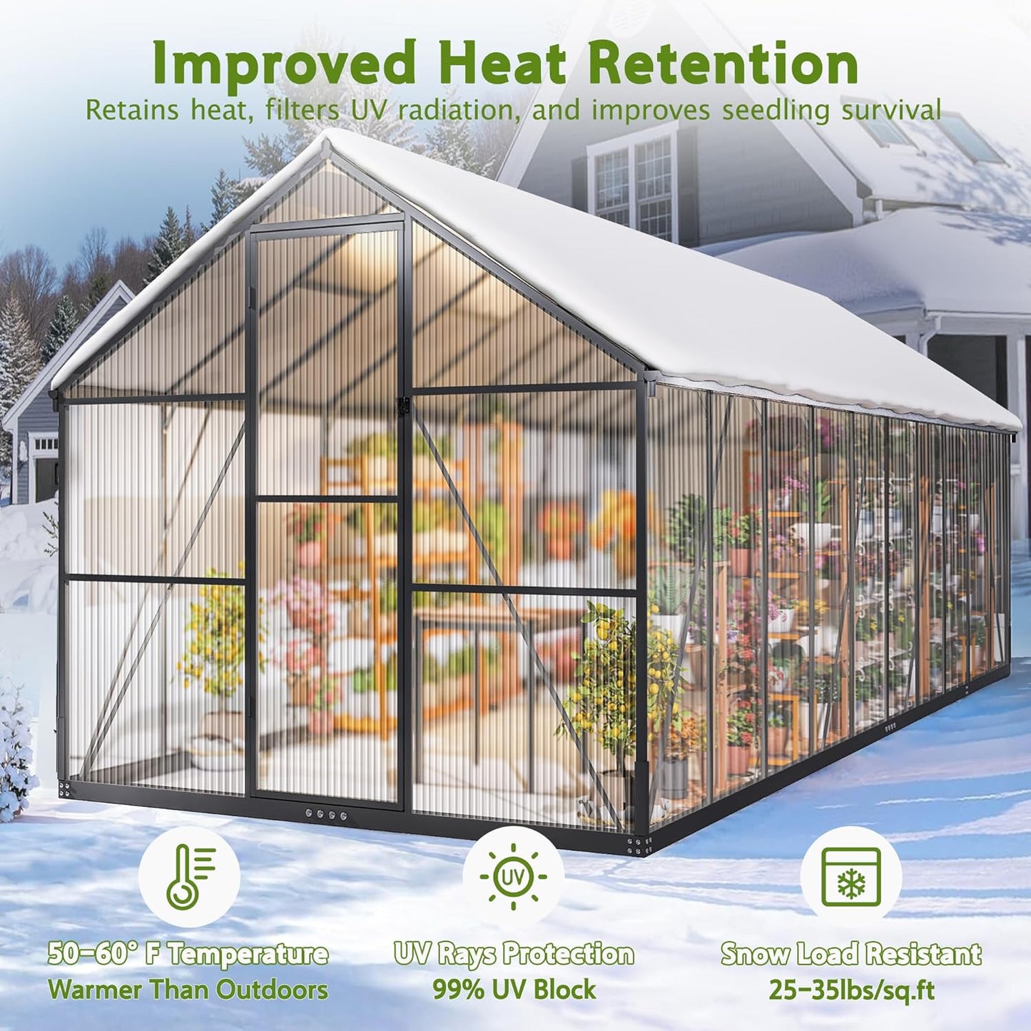 Wanan 20x8FT Greenhouses for Outdoors, Quick Assembly Polycarbonate Green House with UV Protection, Heavy Duty Windproof Aluminum Frame, Adjustable Roof Vent for Backyard or Outdoor Garden Use
