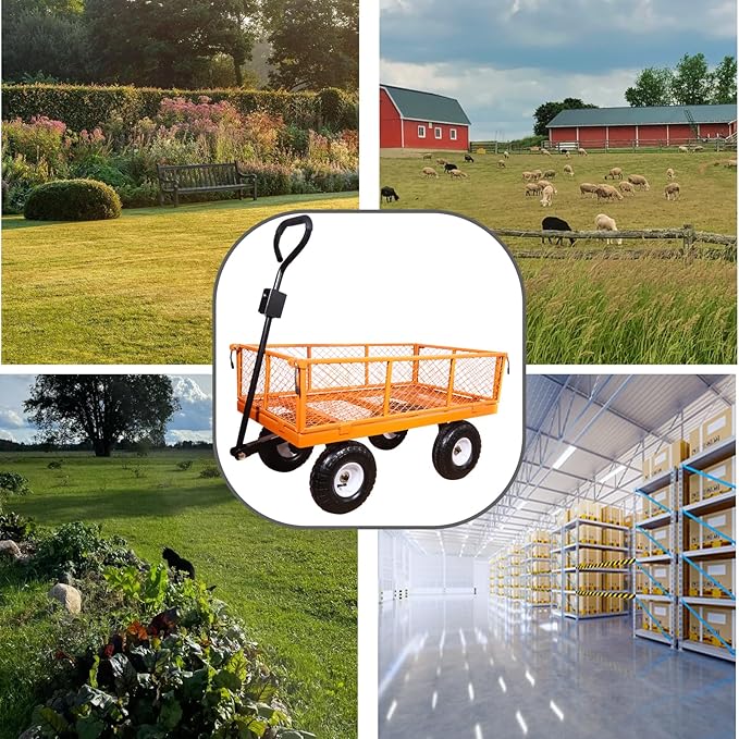 AAIN 1000 lbs Metal Garden Cart, Heavy Duty Garden Wagon with Removable Steel Mesh Sides, Utility Yard Carts with 180° Rotating Handle with 10 inch Wheels, 4cu.ft Load Capacity Outdoor Wagons