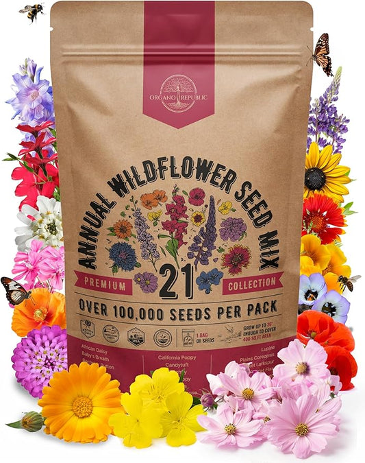 Organo Republic 21 Annual Wildflower Seeds Mix for Indoor & Outdoors. 100,000+ Non-GMO, Heirloom Wildflower Garden Seeds, 4oz Packet for Growing Wild Flowers to Attract Bees, Butterflies & Birds