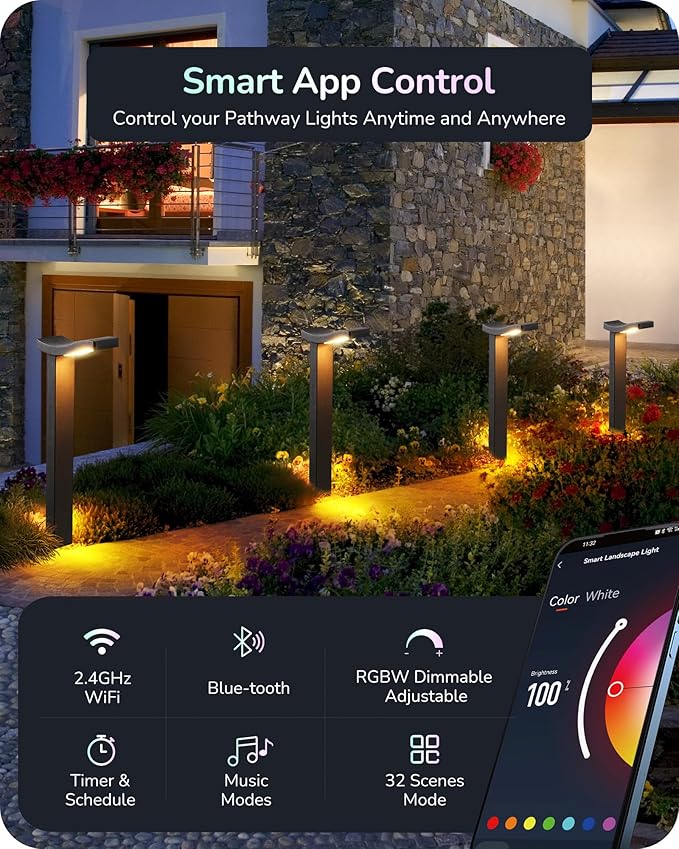 EDISHINE Smart Halloween Landscape Path Lights, RGBW 350LM Plug in LED Pathway Lights, APP Control, Compatible with Alexa & Google, Music Sync, Waterproof Aluminum Outdoor Landscape Lighting for Yard