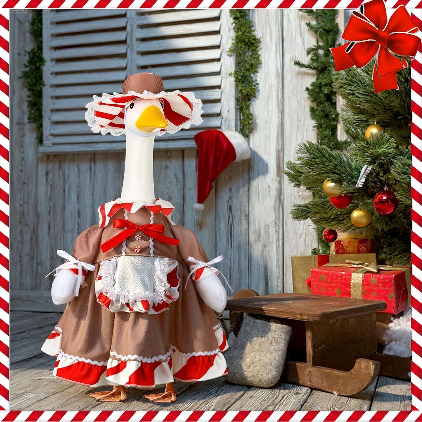 Christmas Gingerbread Porch Goose Outfit 23 Inch Red White Candy Goose Clothes for Cement or Plastic Geese Costume for Yard Lawn Garden Patio Outdoor Concrete Santa Duck Statue Dresses Holiday Decor