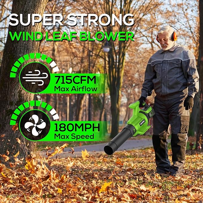Electric Leaf Blower Cordless, 21V Battery Powered Blower with 2 x 4.0Ah Battery and Charge, 715CFM &180MPH and 3 Speed Mode, Handheld Blowers for Lawn Care, Yard, Leaves, Dust, Snow