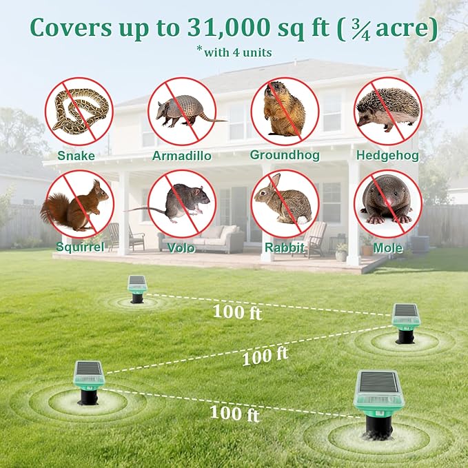 Mole Repellent Solar Powered, IP67 Waterproof Solar Mole Repellent Ultrasonic Snake Repellent Deterrent Gopher Vole Snake Pest and Other Rodent Animals, Get Rid of Moles, Groundhogs