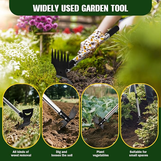 Weed Puller Tool with Long Handle - 58" Manual Weeder Remover Tool, 2 in 1 Hand Weed Rake and Garden Hoe for Gardening, Heavy Duty Uprooting Weeding Pull for Yard, Lawn, Patio and Garden