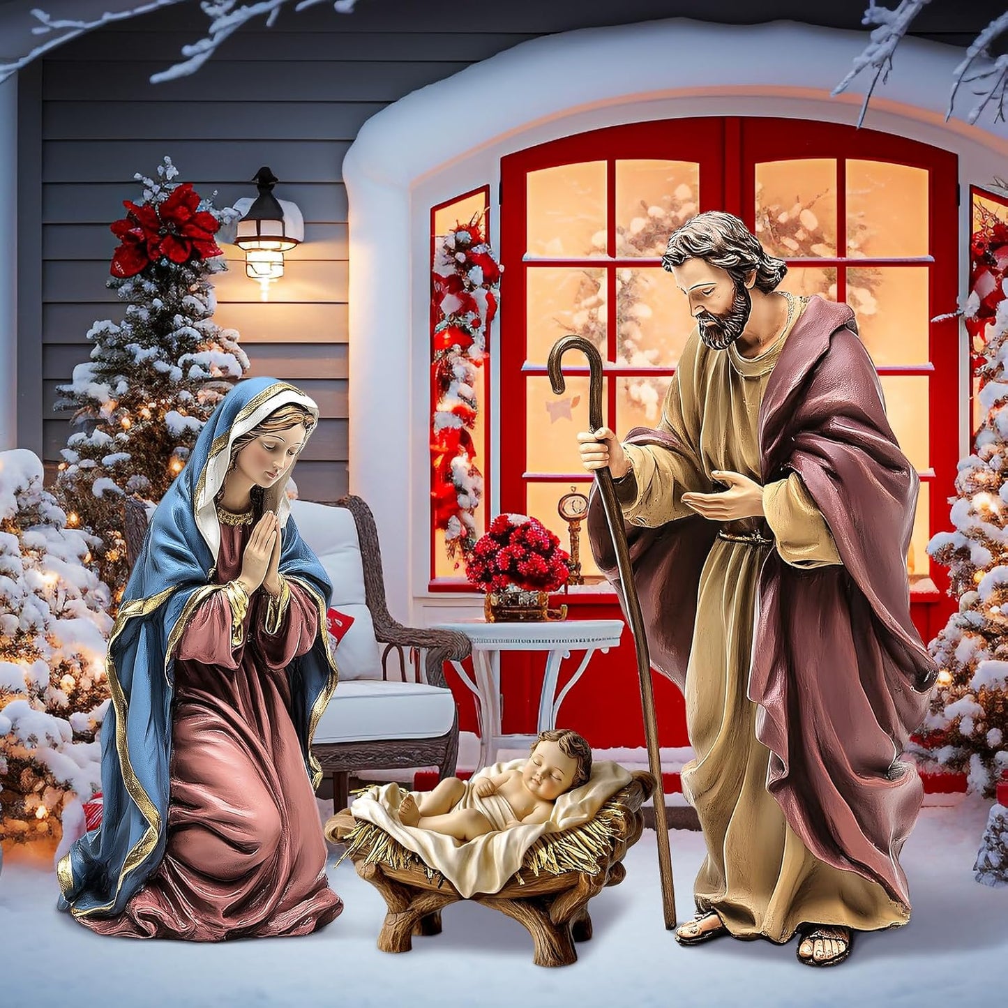Shimeyao 3 Pcs Metal Christmas Outdoor Nativity Scene Set 48.8 Inch Large Christmas Holy Family Nativity Scene Decorations Includes Stakes Jesus Joseph Mary for Xmas Holiday Garden Decor