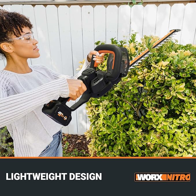 WORX Nitro WG263 22" 20V Cordless Hedge Trimmer, Electric Hedge Trimmer with Dual-Action Blades & 3400 SPM, Brushless Bush Trimmer Cuts Branches 1" Thick, Battery & Charger Included