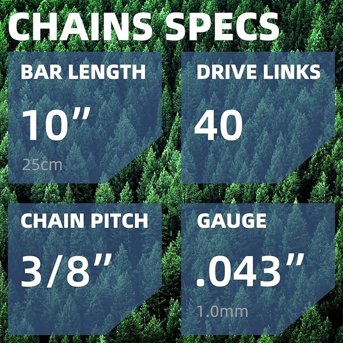 10 Inch Chainsaw Chain R40 .043'' Gauge 3/8" LP Pitch 40 Drive Links, 10-inch Replacement Chains Fits for Ryobi, Worx, Echo and More - 2 Chains