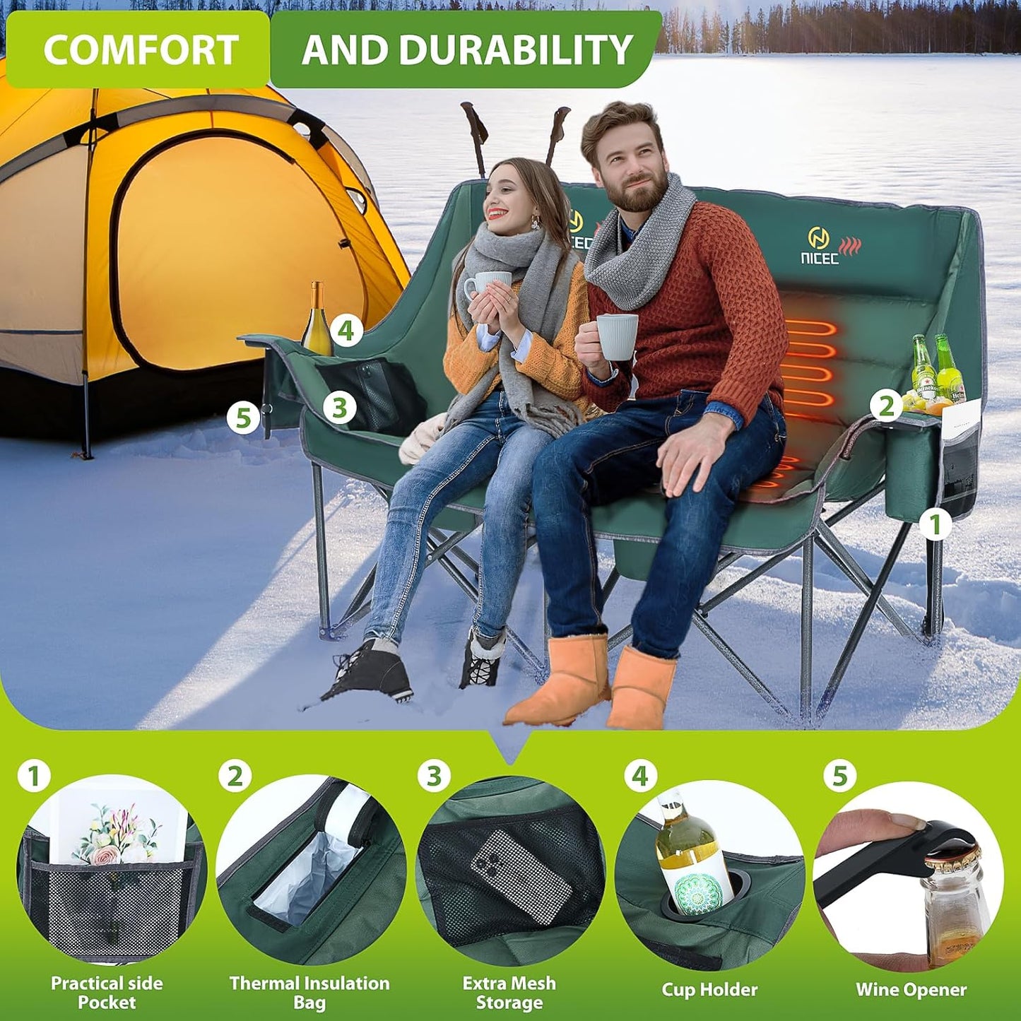 Nice C Heated Camping Chair with Battery, Heated Double Camping Couch, Oversized Thick Padded Loveseat, Heated Camping Chair for Adults, with Cooler Bag, Bottle Opener, Power Bank (Green)