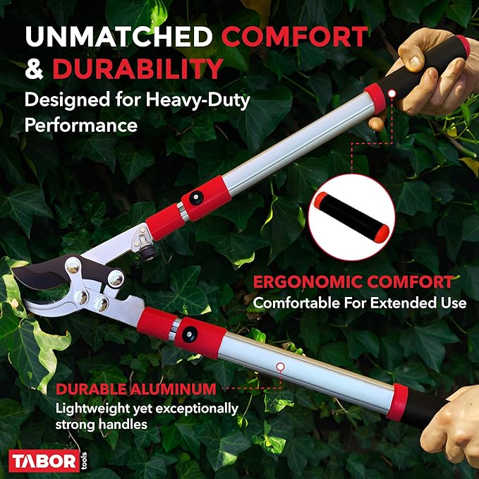 TABOR TOOLS GG21A Extendable Bypass Lopper with Compound Action, 27-40 Inch Telescopic Tree Trimmer, Long Handled Branch Cutter with ⌀ 1 1/2 Inch Cut Capacity, Makes Clean Neat Cuts.