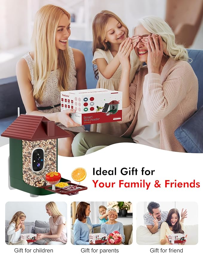 Smart Bird Feeder with Camera,5200mAh Battery with Solar Panel, 4K Native Resolution Live View, AI Species Identification, Auto Capture & Instant Arrival Alert, Ideal Gift for Bird Lovers (Red Green)