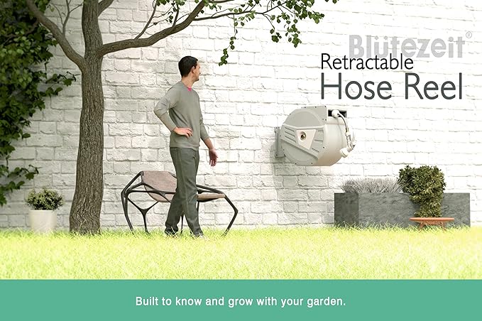 Blütezeit Retractable Garden Hose Reel 5/8'' x 100 ft, Heavy Duty Hose Reel Wall Mount with 3/4''GHT Brass Fitting, Automatic Slow Rewind, Any Length Lock, 180° Swivel, 9 Function Hose Nozzle