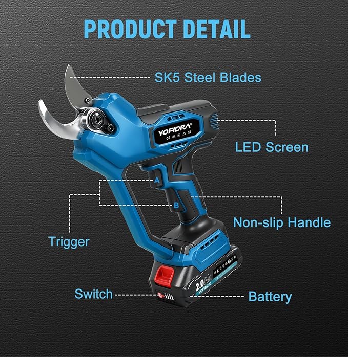 Electric Pruning Shears, 1.77" Cutting Diameter Cordless Pruning Shears with LED Display & SK5 Blade, Brushless Motor Electric Pruner Garden Tool with Charger, 2.0mAh Battery*2 for Garden Tree Branch