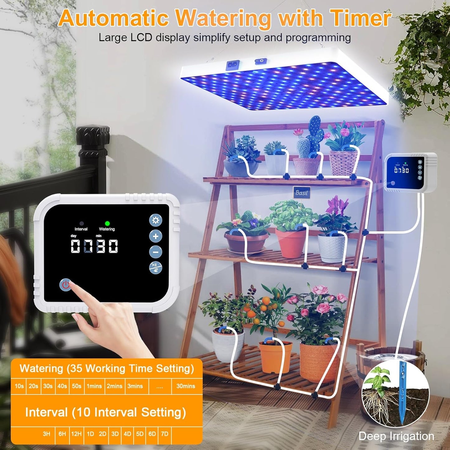 LED Grow Light with Automatic Watering System for Indoor Plants, Full Spectrum Plant Light with Remote Control, Stepless Dimmable Growing Lamps with 3 Lighting Modes for Seedlings Veg Bloom