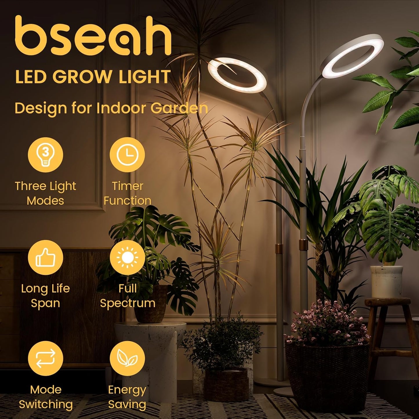 bseah Plant Grow Light for Indoor Plants, Full Spectrum Grow Lamp with Pedestal Stand, Automatic Timer for 3H/9H/12H, Height Adjustable 51-67in White