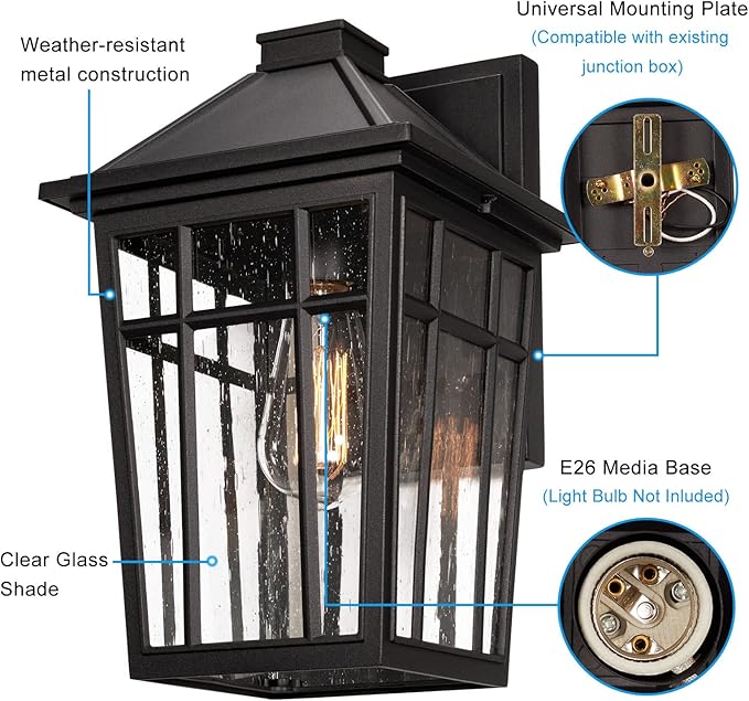 Darkaway Outdoor Sconce Lights Wall Light Fixtures, 14inch Large Porch Light Outdoor Wall Anti-Rust Waterproof Aluminum with Glass Exterior Light Fixture for Patio Yard Doorway Garage (Large, Black)