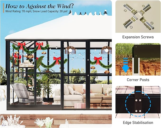 HOWE 14x9.5x9 FT Pavilion Styled Greenhouse with Clear Panels Double Swing Doors, 6 FT Wall Height Hybrid Polycarbonate Greenhouse, Green Houses for Outdoors, Sunroom Black