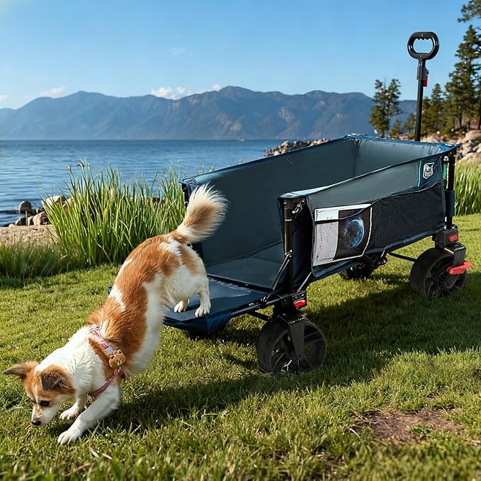 Timber Ridge 47" L Collapsible Wagon with Tailgate & Brake, 300lbs Heavy Duty Beach Wagon with All-Terrain Big Wheels, 250L Foldable Utility Cart for Sand Camping Sports Shopping, Blue