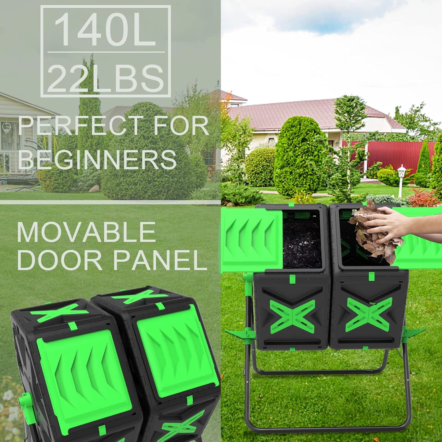 SQUEEZE master Large Dual Chamber Compost Bin Tumbler Outdoor Garden- Easy Rotating- Sturdy Steel Frame-Fast Composting (Green, 2 ร 18.5 Gallon)