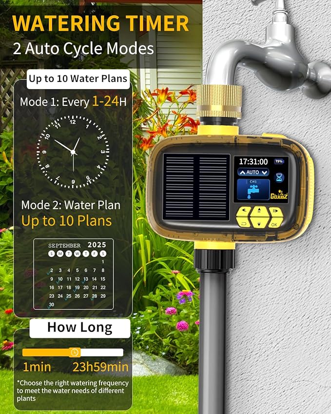 Solar Sprinkler Timer, Hose Timers for Watering - Programmable Water Timer for Garden/Yard, Brass Connector, Manual/Rain Delay Modes Outdoor Irrigation
