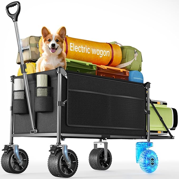 Electric Utility Wagon Cart–330 lb Load, 180 L Foldable Beach Wagon with Remote, 4-Speed, All-Terrain Wheels for Camping, Beach, Garden & Shopping, Black