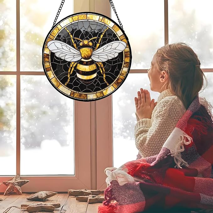 Stained Glass Window Hanging - Black Gold Bee White Wings Sun Catcher for Door Home Decor Insect Suncatcher Christmas Mother's Day Birthday Gifts for Women Men Lovers Mom Nana 6.3 in