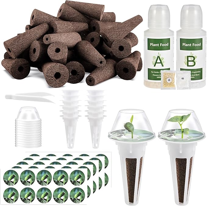 126 Piece Hydroponic Pods Kit: Grow Anything with 30 Grow Sponges, 30 Baskets, 30 Domes, 30 Labels, 4 A&B Plant Food, 1 Tweezer - Compatible with All Hydroponics Brands