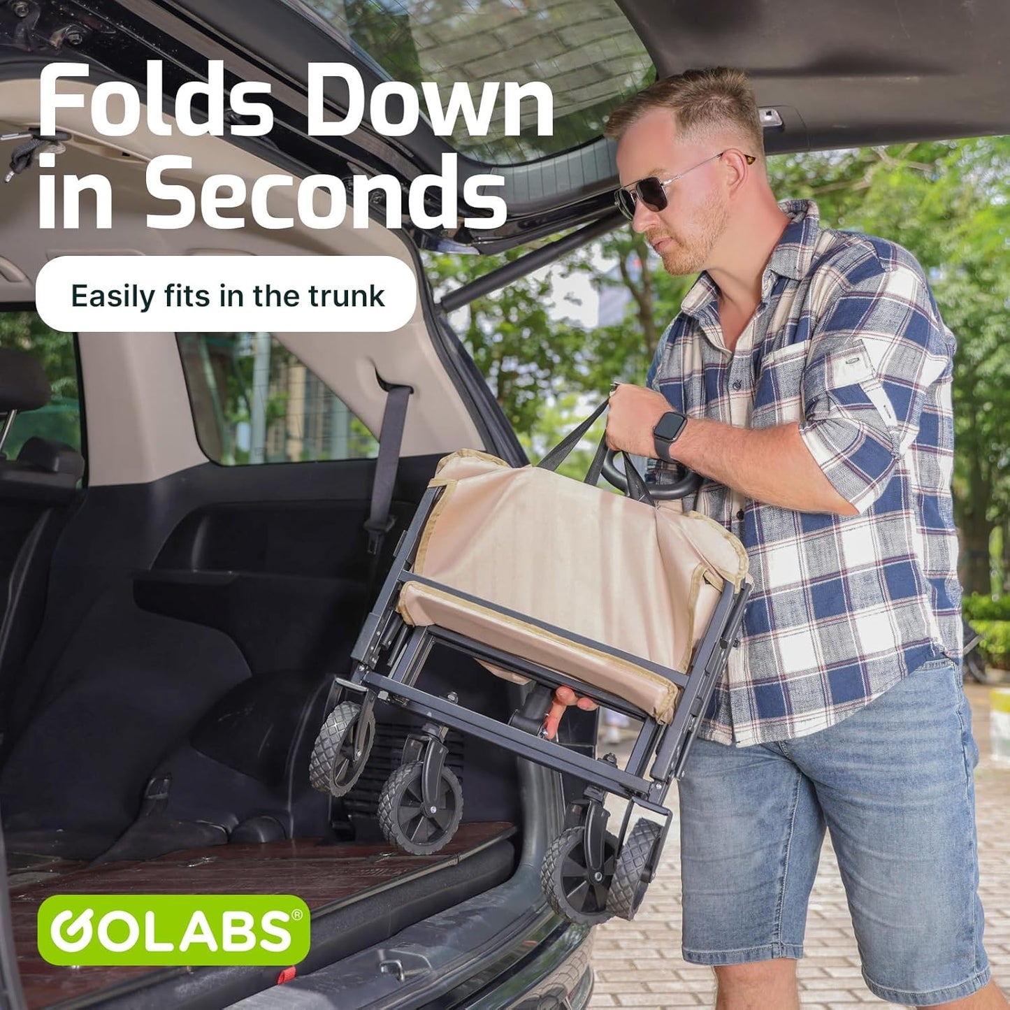 Golabs Collapsible Wagon Cart Max 350lb Load & Expandable Storage 100L, Double Bearing Design for Flexible Steering, Foldable Heavy Duty Garden Cart with 2 Cup Holders for Groceries, Garden & Camping