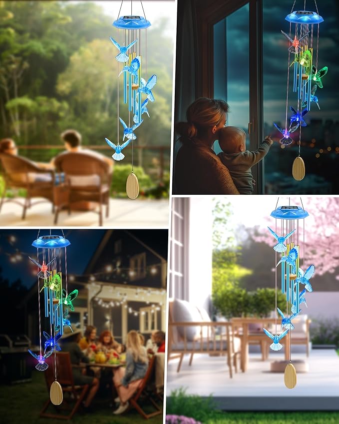 Hummingbird Solar Wind Chimes, Memorial Gifts for Mom, Glowing Top Color Changing Hummingbirds Moblie LED Wind Chime for Outside, Outdoor Home Party Garden Decor Light(Blue)