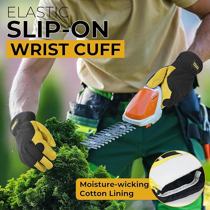 HANDLANDY Men Leather Gardening Gloves, Utility Work Gloves for Mechanics, Construction, Driver