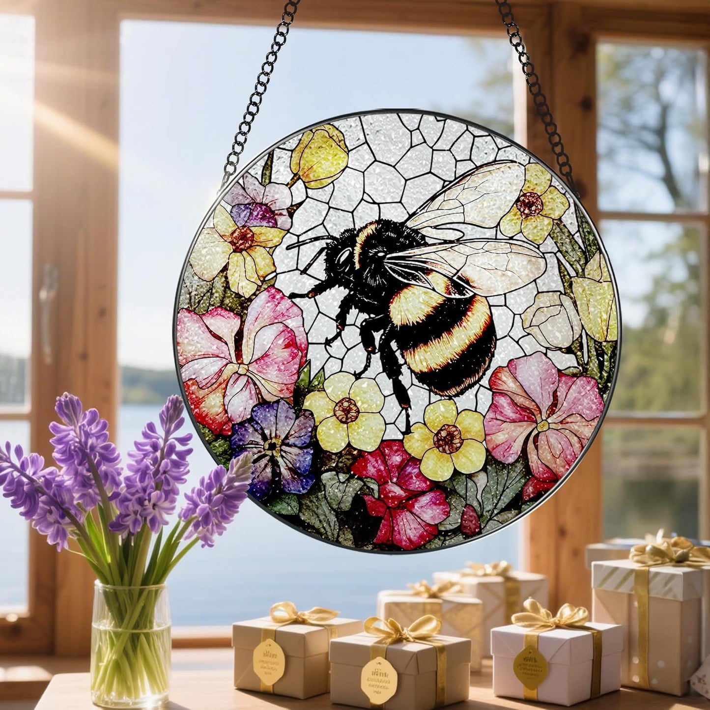 Stained Glass Window Hanging, 8 Inch Bee Stained Glass Ornament, Suncatchers for Windows Hanging, Window Decor, Gift for Garden Lover, Teacher Gift, Holiday, Birthday Gifts for Women Mom and Grandma