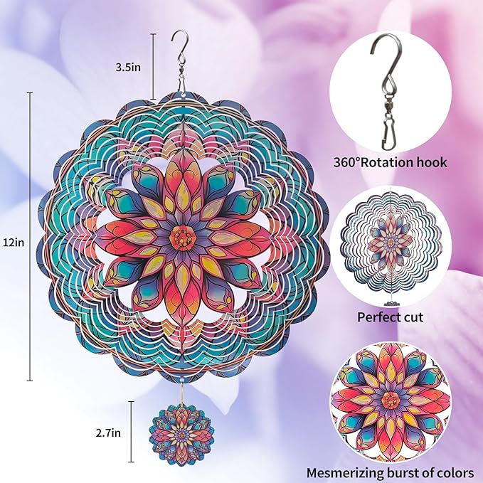 3D Mandala Wind Spinner, 12 Inch Stainless Steel Outdoor Wind Sculpture, Handcrafted Metal Garden Art for Patio, Yard, Weatherproof & Silent Spinning Mandala Decor