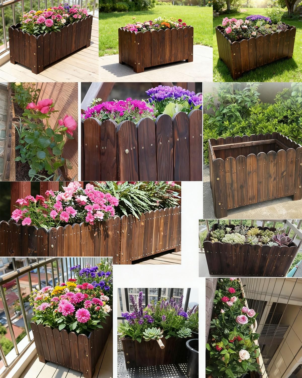 zeng Solid Wood Planter Box – high Temperature Carbonization Raised Garden Bed for Vegetables/Flowers, 23.6" L x 16.5" W x 17.7" H, Brown (Large)